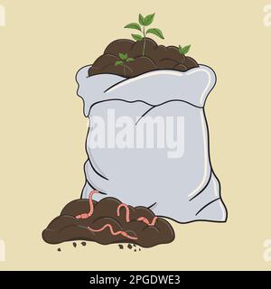 Engrais biologique de jardin avec des vers. Tas de compost prêt dans un sac avec sprint. Recyclage des déchets organiques. Concept de vie durable. Vecteur dessiné à la main i Illustration de Vecteur