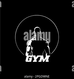 Icône de figure masculine de bodybuilder, modèle DE logo DE GYM, silhouette blanche de signe d'homme athlétique sur fond noir. Illustration vectorielle Illustration de Vecteur