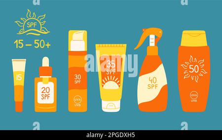 Jeu de flacons de crème solaire, tubes avec un SPF différent de 15 à 50. Protection solaire et protection solaire. Crème solaire, collection isolée de lotion. Ha Illustration de Vecteur