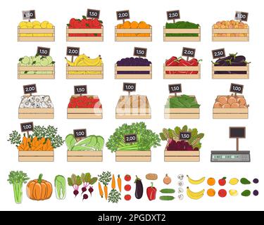 Ensemble de légumes et de fruits dans les boîtes. Farmer s Marker, épicerie, zéro magasin de déchets. Produits agricoles locaux, frais et biologiques. Main d Illustration de Vecteur