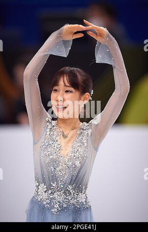 Saitama, Japon. 22nd mars 2023. Mihara Mai du Japon réagit après le programme féminin court aux Championnats de patinage artistique Wrold de l'UIP à Saitama Super Arena à Saitama, Japon, 22 mars 2023. Crédit: Pablo Morano/Xinhua/Alay Live News Banque D'Images
