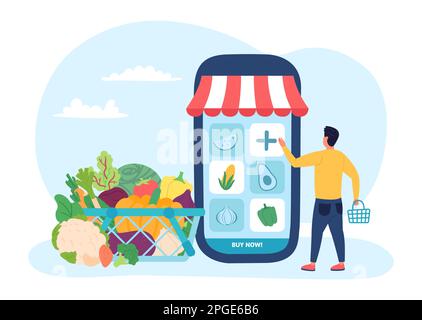 Achats d'aliments biologiques agricoles en ligne sur smartphone. Vecteur de nourriture agricole en ligne, magasin et boutique de marché frais, livraison de l'illustration Illustration de Vecteur