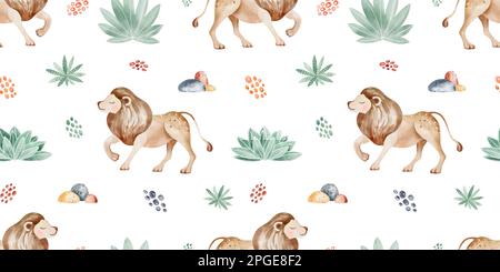 Animaux d'Afrique sans couture avec feuilles tropicales. Motif aquarelle sans couture. Design d'emballage, affiche, tissus, papier numérique, sublimation. Banque D'Images