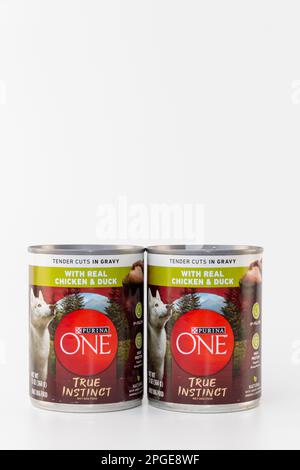 STILLWATER, MN, Etats-Unis - 3 MARS 2023: Purine One True instinct nourriture en conserve pour chiens et logo de marque. Banque D'Images