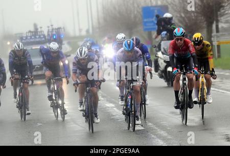 De panne, Belgique. 22nd mars 2023. Le pack de pilotes leaders photographiés en action lors de la course d'élite masculine de la course cycliste d'une journée « Classic Brugge-de panne », 207,4km de Brugge à de panne, mercredi 22 mars 2023. BELGA PHOTO DIRK WAEM crédit: Belga News Agency/Alay Live News Banque D'Images