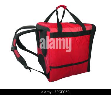 Refroidisseur de sac rouge pour le transport et le stockage de produits isolés sur fond blanc avec passe-cheveux Banque D'Images