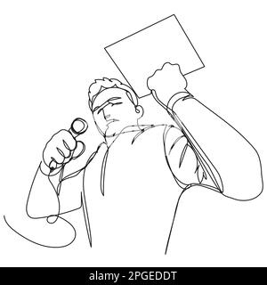 Haut-parleur à ligne continue au format vectoriel sur fond blanc. Orator tenant un microphone et des documents dans ses mains. Vecteur concept de contour d'un né Illustration de Vecteur