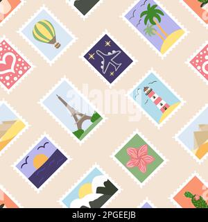 Motif transparent de timbres-poste avec les attractions, les paysages et les plantes du monde entier. Illustration vectorielle dessinée à la main. Illustration de Vecteur