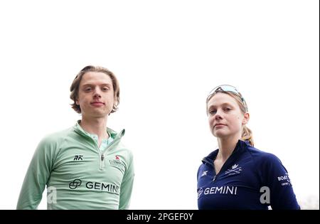 Cambridge cox Jasper Parish et Oxford cox Anna O'Hanlon lors d'un après-midi de presse au London Raving Club sur Putney Embankment Londres, devant la course de bateaux Gemini 2023. Date de la photo: Mercredi 22 mars 2023. Banque D'Images