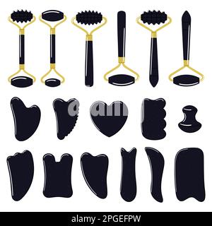 Grand jeu de pierres et rouleaux de gua sha différents sont faits d'obsidienne noire. Outils de massage de récupération de gua SHA facial. Routine beauté maison. Peau chinoise c Illustration de Vecteur