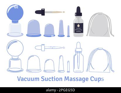 Ensemble de ventouses de massage à vide avec sac de rangement et bouteille d'huile. Maison beauté soin de la peau routine. Dessin à la main et illustration vectorielle. Illustration de Vecteur