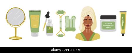 Maison beauté soins de la peau instruction de routine. Lotion de nettoyage, huile pour le visage, pierre sha gua est faite de jade vert et crème pour le visage. Face africaine féminine avec m Illustration de Vecteur