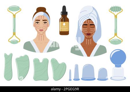 Grand jeu de tasses de massage sous vide, pierres de gua sha et rouleaux sont faits de menthe aventurine. Visages noirs et blancs féminins avec lignes de massage. Peau de beauté c Illustration de Vecteur