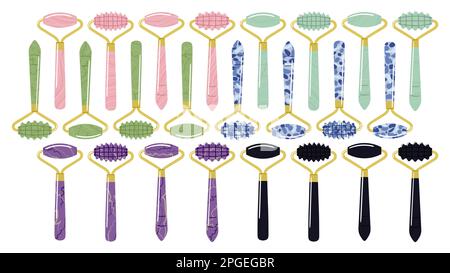 Le grand jeu de différents rouleaux de gua sha est fait de quartz, d'aventurine, de jade, d'améthyste, de sodalite. Outils de massage de gua sha facial. Chinois soins de la peau. Accueil b Illustration de Vecteur