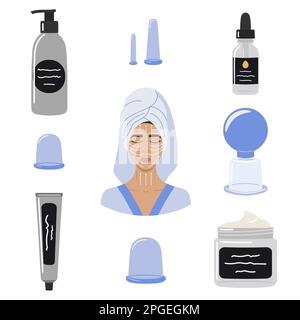 Grand ensemble de produits biologiques pour le soin de la peau, d'huile pour le visage et de tasses de massage sous vide. Visage féminin avec lignes de massage. Maison beauté soin de la peau routine. vec dessiné à la main Illustration de Vecteur