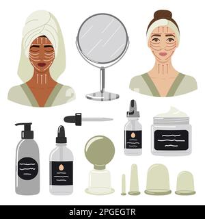 Grand ensemble de produits biologiques pour le soin de la peau, d'huile pour le visage et de tasses de massage sous vide. Visages noirs et blancs féminins avec lignes de massage. Maison beauté soin de la peau routin Illustration de Vecteur