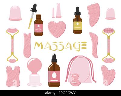 Grand ensemble de produits organiques pour le soin de la peau, huile pour le visage, tasses de massage sous vide, pierres de gua sha et rouleaux sont faits de quartz rose. Maison beauté soin de la peau routin Illustration de Vecteur