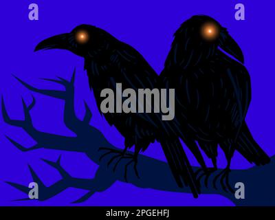 Deux corbeaux sombres avec des yeux brillants se tiennent sur une branche sur un fond bleu. Illustration de Vecteur