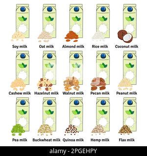 Jeu de boîtes en carton contenant du lait à base de plantes. Lait végétalien. Amande, soya, riz, noix de coco, noix de cajou, noisette, avoine, lin, noyer, chanvre, Lait de pois lait alternatif Illustration de Vecteur