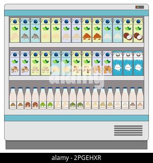 Vitrine réfrigérateur pour refroidir les produits laitiers. Produits laitiers et lait végétalien de remplacement sur les étagères du réfrigérateur dans le supermarché. Bouteilles de lait, boîtes en carton. Achat de lait Illustration de Vecteur