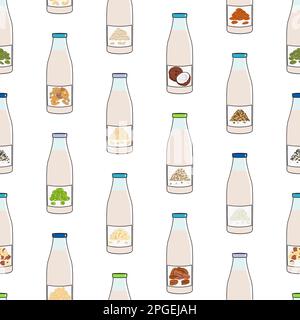 Modèle de biberons sans couture avec lait à base de plantes. Lait végétalien en bouteilles de verre. Amande, soya, riz, noix de coco, noix de cajou, avoine, lin, noix, lait de pois. Lait Illustration de Vecteur