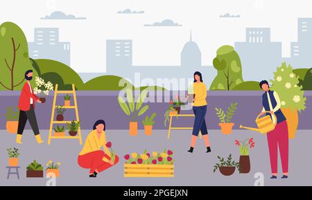 Jardiniers urbains, fleurs et plantes en pleine croissance. Vecteur de plante de jardin, jardinier urbain illustration verte par personnage femme et homme Illustration de Vecteur