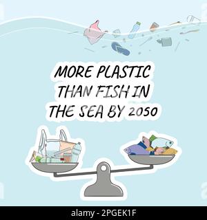 Plus de plastique que de poisson dans la mer d'ici 2050 sur l'échelle de l'équilibre. Pollution plastique marine et océanique. Problèmes environnementaux mondiaux. Arrêtez la pollution de l'eau. N Illustration de Vecteur