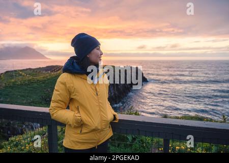 Jeune femme asiatique attirante debout et regardant des oiseaux de macareux sur la falaise au milieu de l'océan Arctique du nord dans la petite ville de Borgarfjordur Eystri l'été à E Banque D'Images