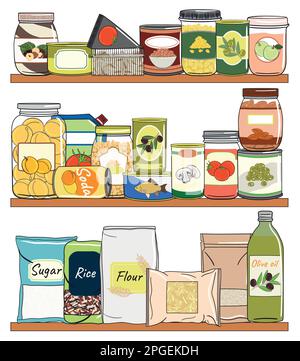 Ensemble d'aliments en conserve sur les tablettes. Aliments conservés en boîtes, pots en verre, récipients en métal, paquets de céréales. Éléments de rangement de cuisine. Vecteur dessiné à la main il Illustration de Vecteur