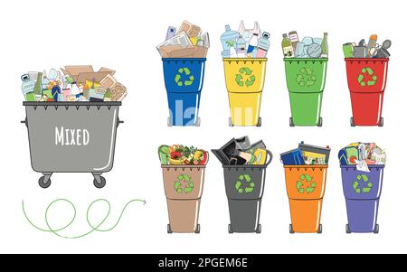 Ensemble de poubelles avec ordures triées. Recyclez les poubelles. Gestion des déchets. Tri des déchets. Organique, métal, plastique, papier, verre tombe dans des bacs. Illustration de Vecteur