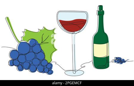 Un verre avec une longue tige, une bouteille de vin et des grons de raisins en une ligne. Illustration de Vecteur