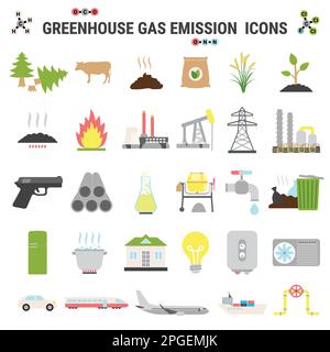 Icônes des émissions mondiales de gaz à effet de serre par secteur économique - électricité, production de chaleur, Industrie et Agriculture, foresterie. Dioxyde de carbone et moi Illustration de Vecteur