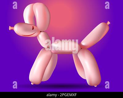 Chien ballon rose gonflable 3D avec un sourire sur fond violet. Illustration de Vecteur