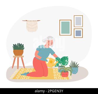 Vieux passe-temps à la maison, jardinage avec la plante. Vecteur de la vieille personne âgée heureuse, grand-mère de la petite-mère de la personne âgée, avec illustration de la fleur Illustration de Vecteur