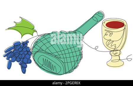 Bouteille de vin et de raisin en osier sur fond blanc. Illustration de Vecteur
