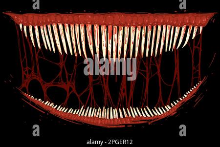 Dents longues et acérées avec taches et jets sanglants sur fond noir. Illustration de Vecteur