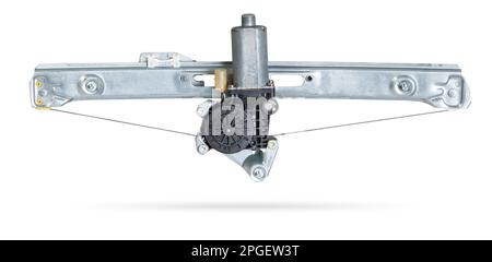 Mécanisme de fenêtre électrique pour une voiture sur fond blanc isolé. Catalogue de pièces de rechange pour automobiles. Banque D'Images