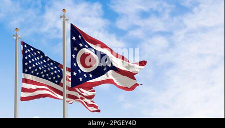 Le drapeau de l'État de l'Ohio agité avec le drapeau national des États-Unis d'Amérique. En arrière-plan, il y a un ciel clair. 3D illustration rende Banque D'Images