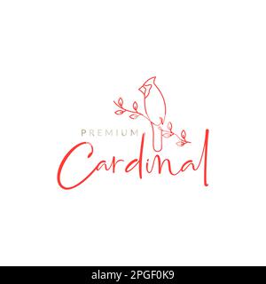 oiseau de cardinal perchée branche feuilles ligne féminine art logo design vecteur Illustration de Vecteur