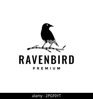 oiseau noir corbeau foyer chasse branche perchée ciel faune isolé logo design vecteur Illustration de Vecteur