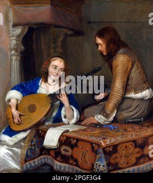 Une femme jouant le Theorbo-Lute et un cavalier par Gerard ter Borch (1617-1681), huile sur bois, c. 1658 Banque D'Images