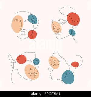 Ensemble de dessin à la main minimaliste One Line Women faces Vector Illustration dans le style d'art contemporain Illustration de Vecteur