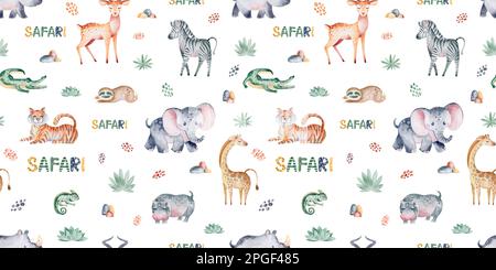 Animaux d'Afrique sans couture avec feuilles tropicales. Motif aquarelle sans couture. Design d'emballage, affiche, tissus, papier numérique, sublimation. Banque D'Images