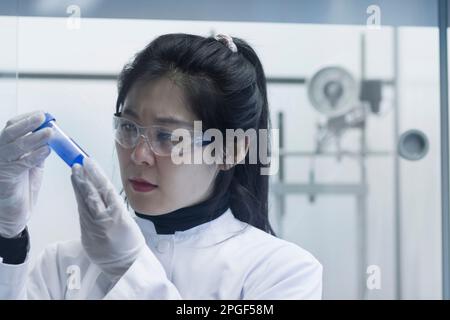 Jeune scientifique féminine examinant un tube à essai dans un laboratoire, Freiburg im Breisgau, Bade-Wurtemberg, Allemagne Banque D'Images