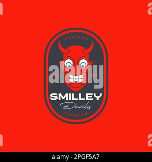 diable démon mal corné sourire caricature mascotte badge vintage logo design vecteur Illustration de Vecteur