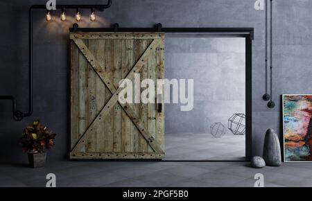 Porte coulissante en bois de la grange dans la chambre loft Banque D'Images