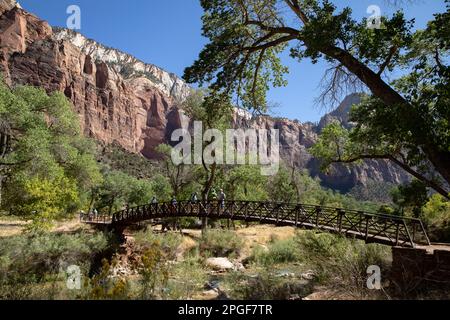 Randonneurs traversant le pont dans le parc national de Zion au-dessus de la rivière Virgin Banque D'Images