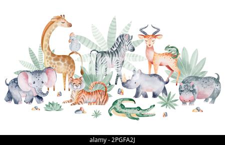 Ensemble d'illustrations aquarelles d'animaux de savane dans la nature. Illustration d'animaux sur fond blanc. Dessiné à la main. Banque D'Images