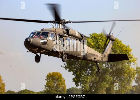 L'hélicoptère UH-60 Black Hawk de l'armée AMÉRICAINE arrive dans une zone d'atterrissage. Grave, pays-Bas - 17 septembre 2014 Banque D'Images