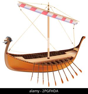 Drakkar. Bateau à rames Viking dans un style réaliste. Navire Norman voile. Illustration vectorielle colorée isolée sur fond blanc. Illustration de Vecteur